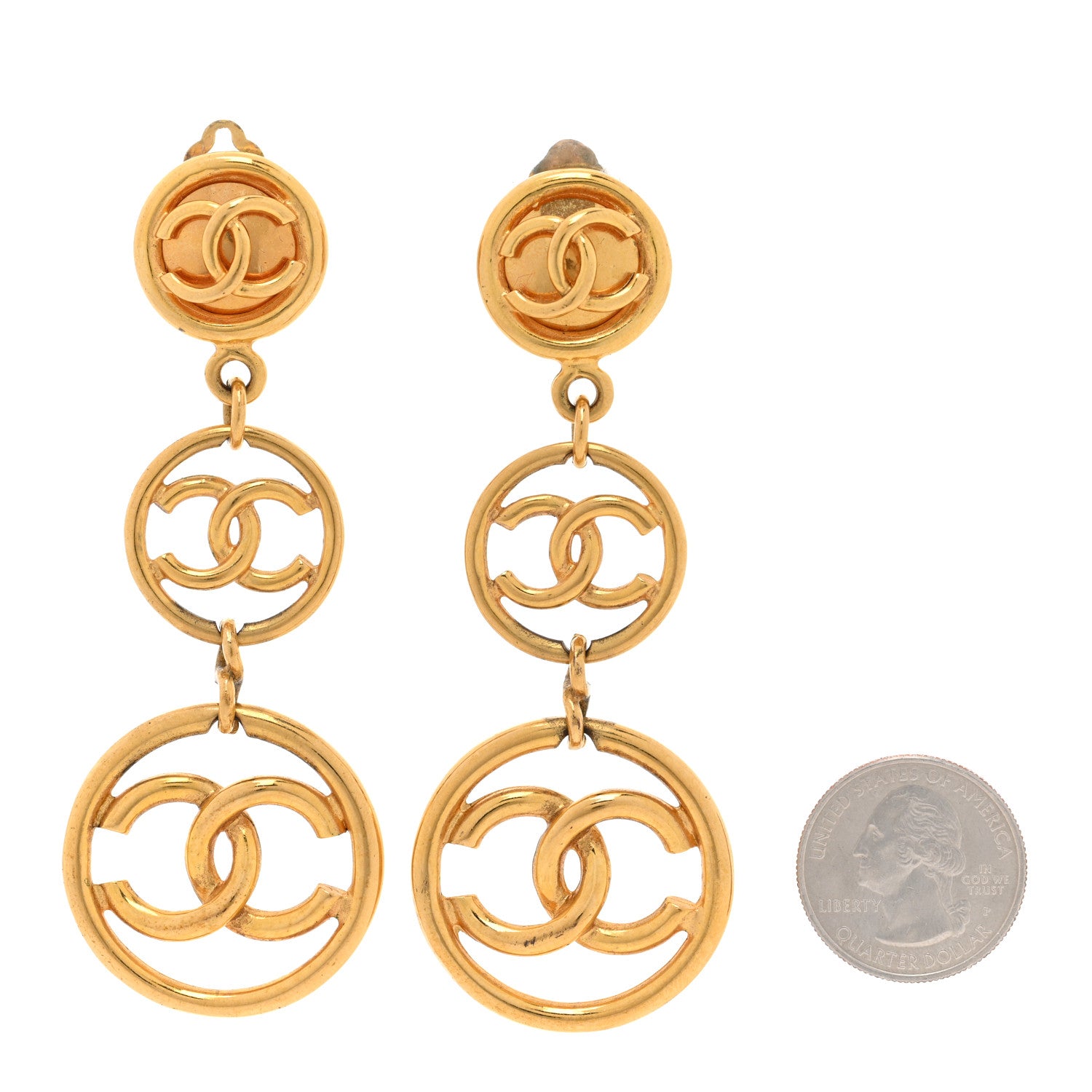 Chanel Metal CC Circle Long Drop Clip On Earrings Gold 2 of 8