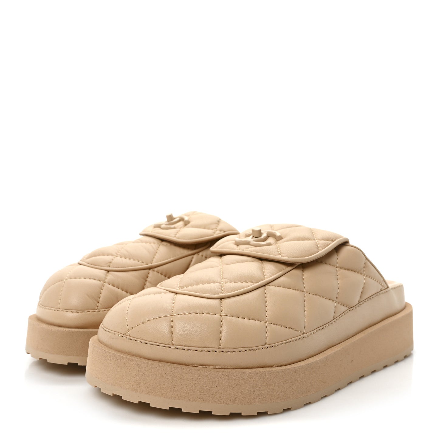 Lambskin Quilted CC Turnlock Mules  36 Beige