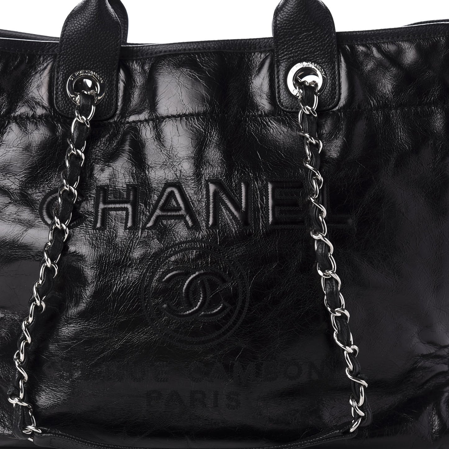 Glazed Calfskin Medium Deauville Tote Black