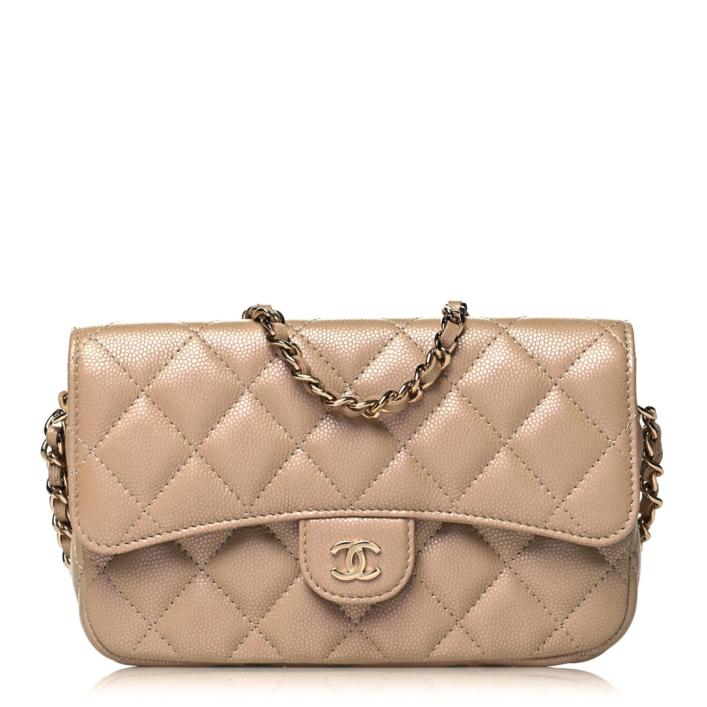 Iridescent Caviar Quilted Flap Phone Holder With Chain Beige