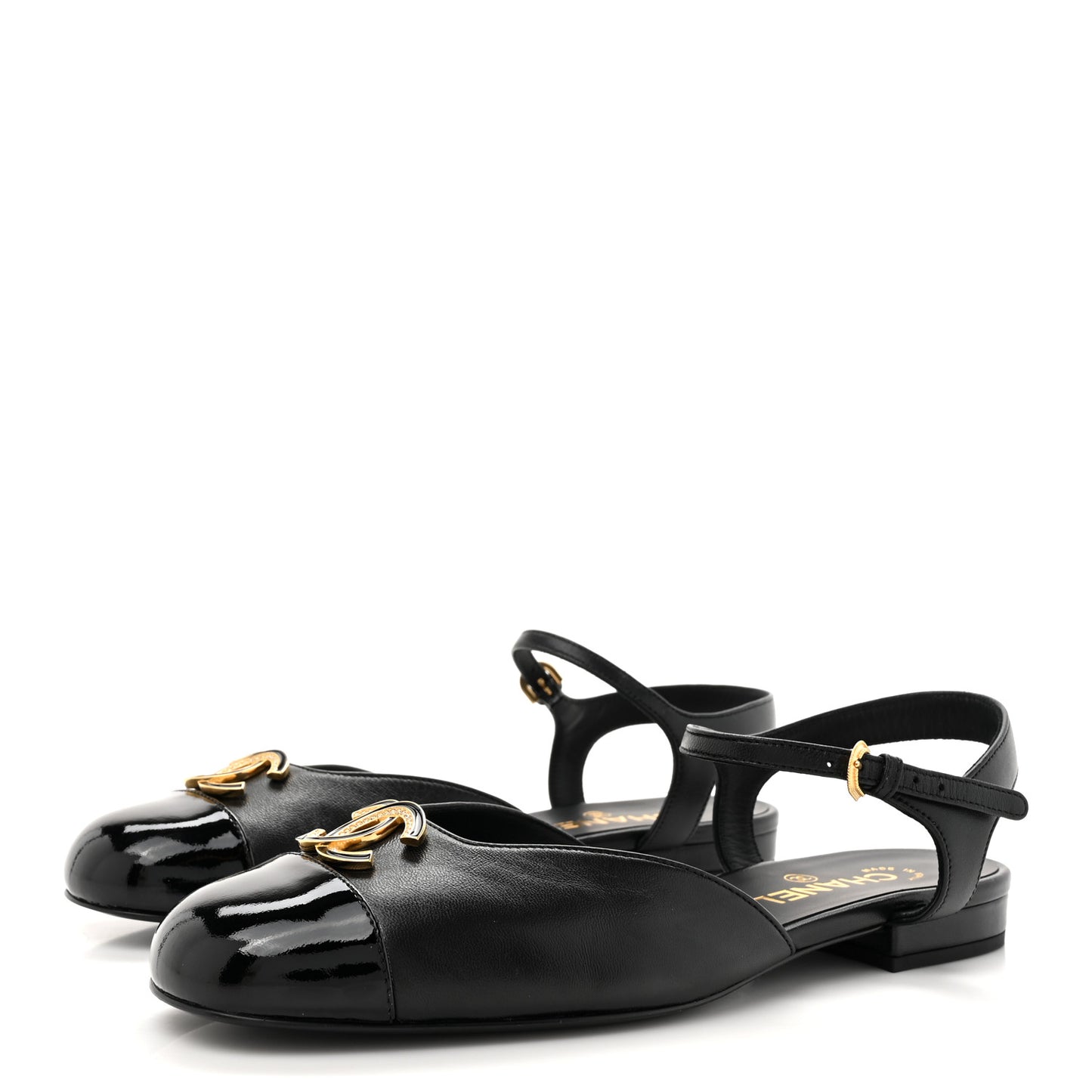 Lambskin Patent Cap Toe Crystal Enamel CC Mary Jane Slingback Flats 39 Black