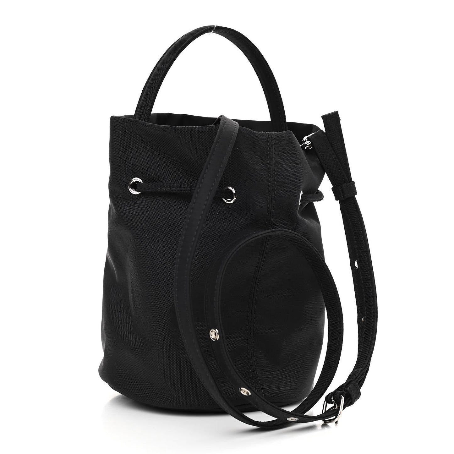 Recycled Sport Nylon Logo Embroidered Wheel Drawstring Bucket Bag Black Pink