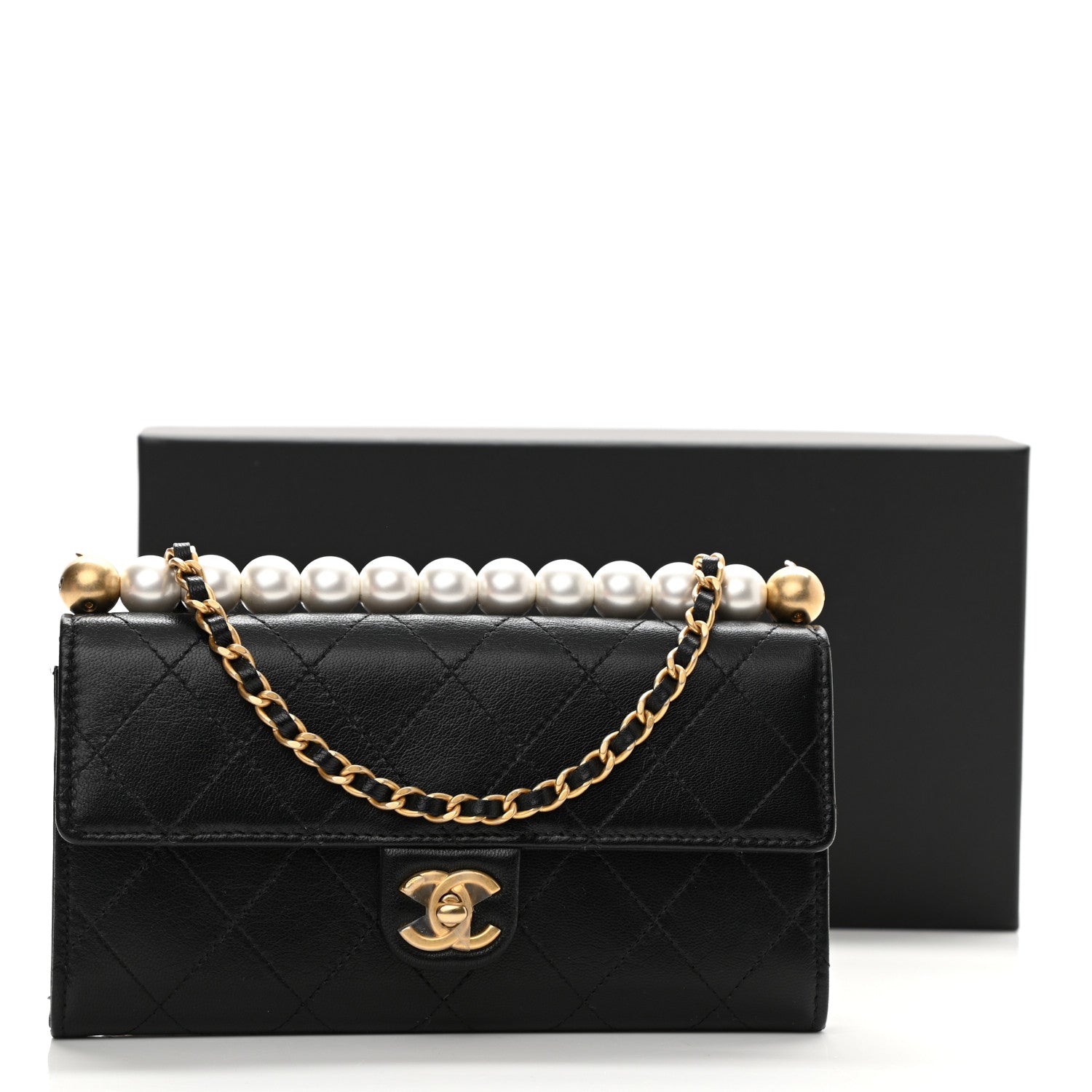 Chanel Goatskin Quilted Chic Pearls Clutch With Chain Black 10 of 10