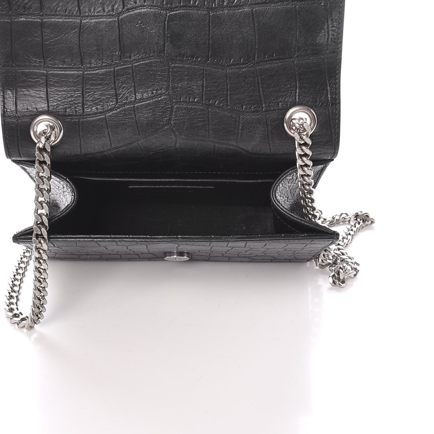 Calfskin Crocodile Embossed Monogram Small Kate Tassel Satchel Black