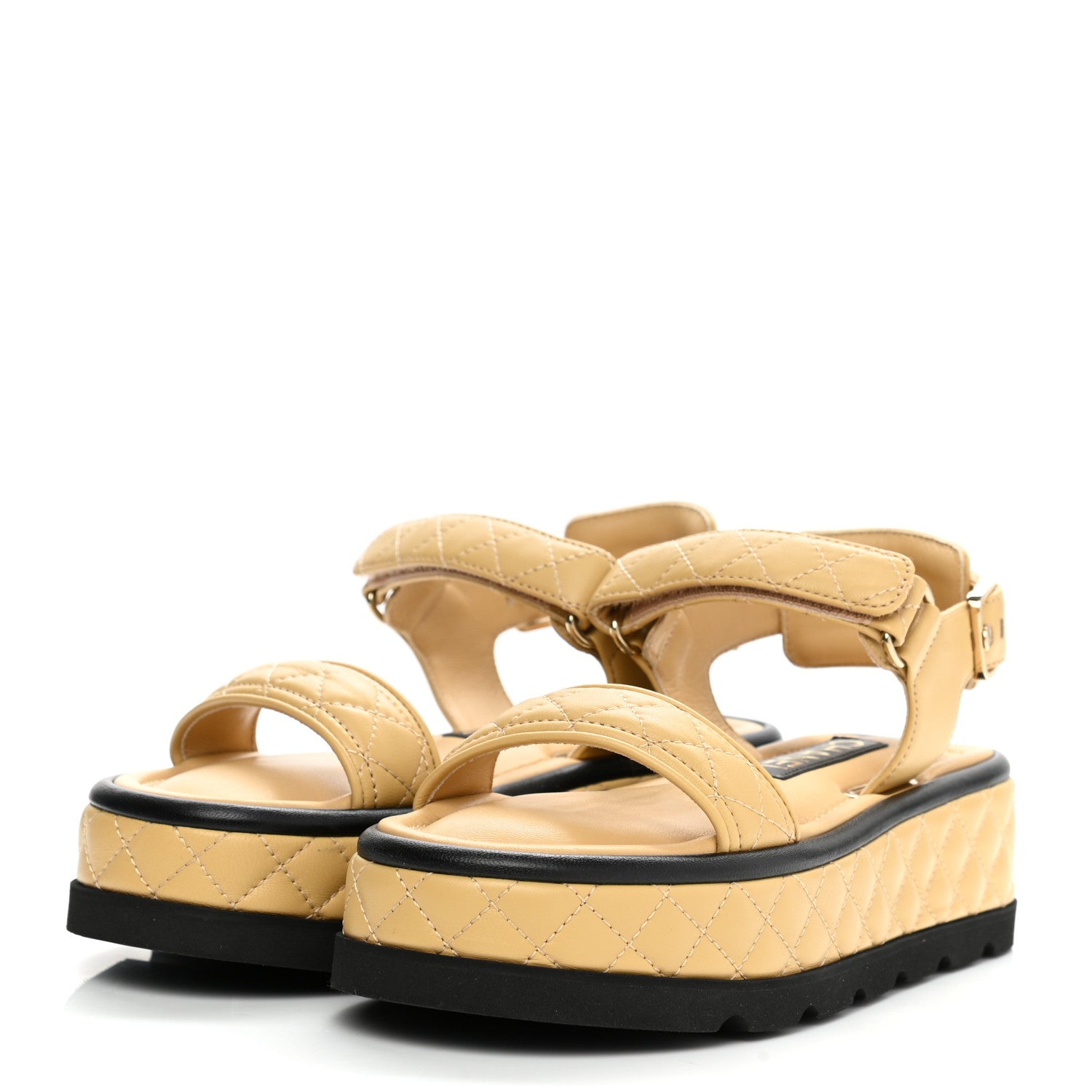 Chanel Lambskin Quilted Platform Sandals 35 Beige Black 3 of 8