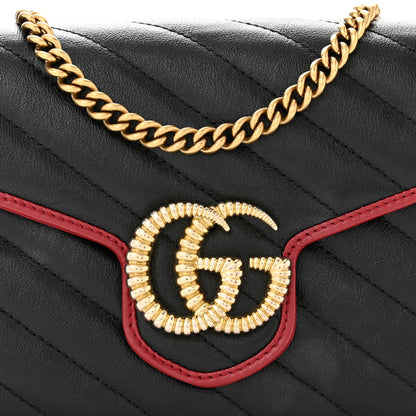 Gucci Vintage Effect Calfskin Matelasse Diagonal Torchon GG Marmont Chain Wallet Black Romantic Cherry 8 of 11