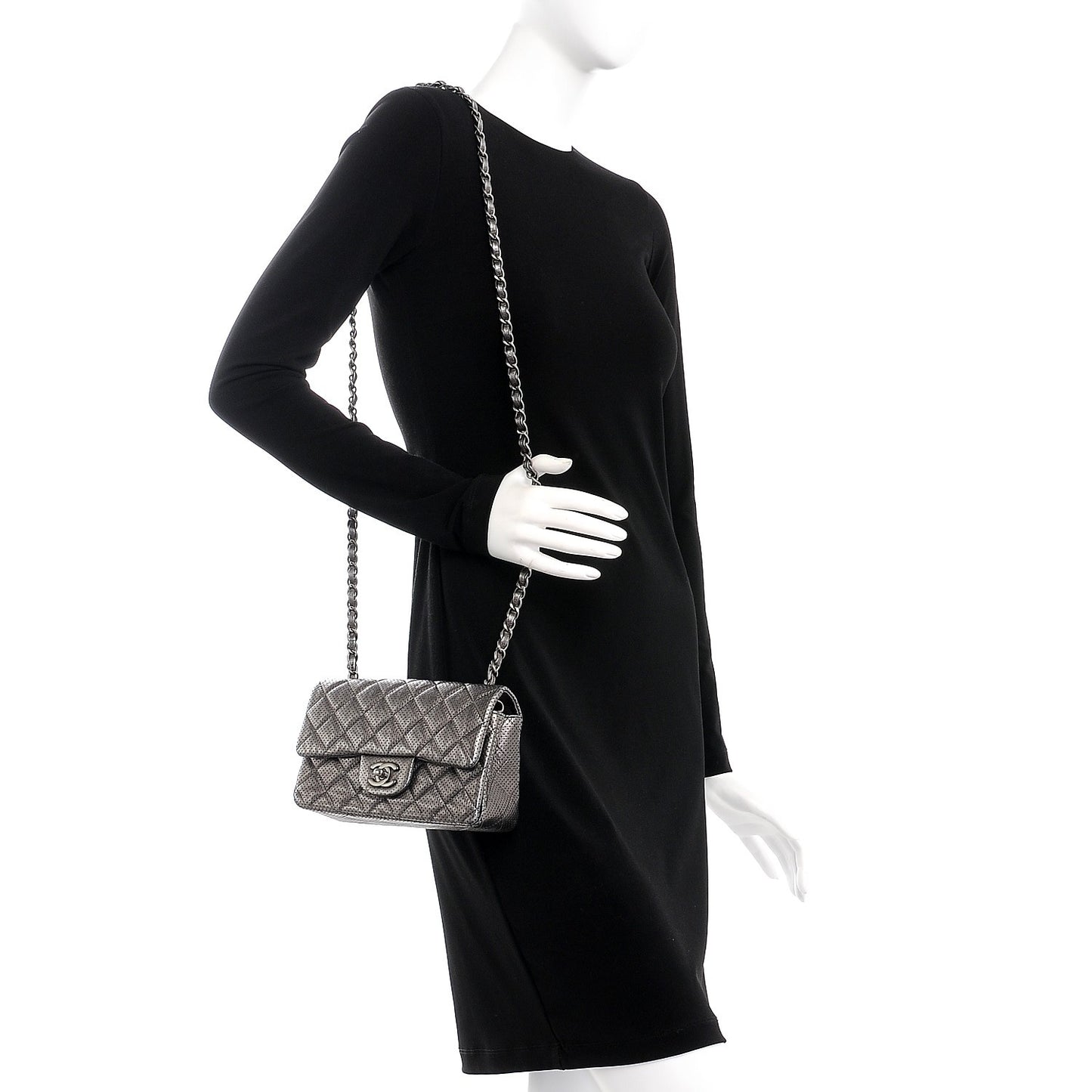 Metallic Lambskin Perforated Mini Rectangular Flap Grey