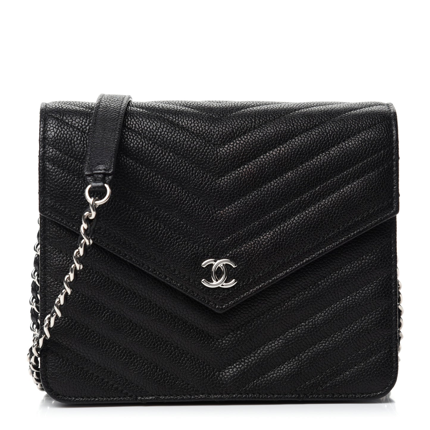 Caviar Chevron Quilted Square Wallet On Chain WOC Black