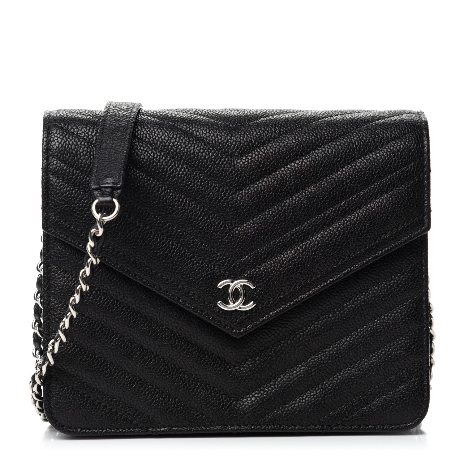 Chanel Caviar Chevron Quilted Square Wallet On Chain WOC Black 1 of 11