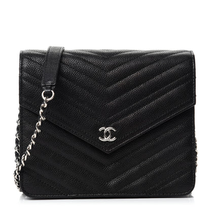 Chanel Caviar Chevron Quilted Square Wallet On Chain WOC Black 1 of 11