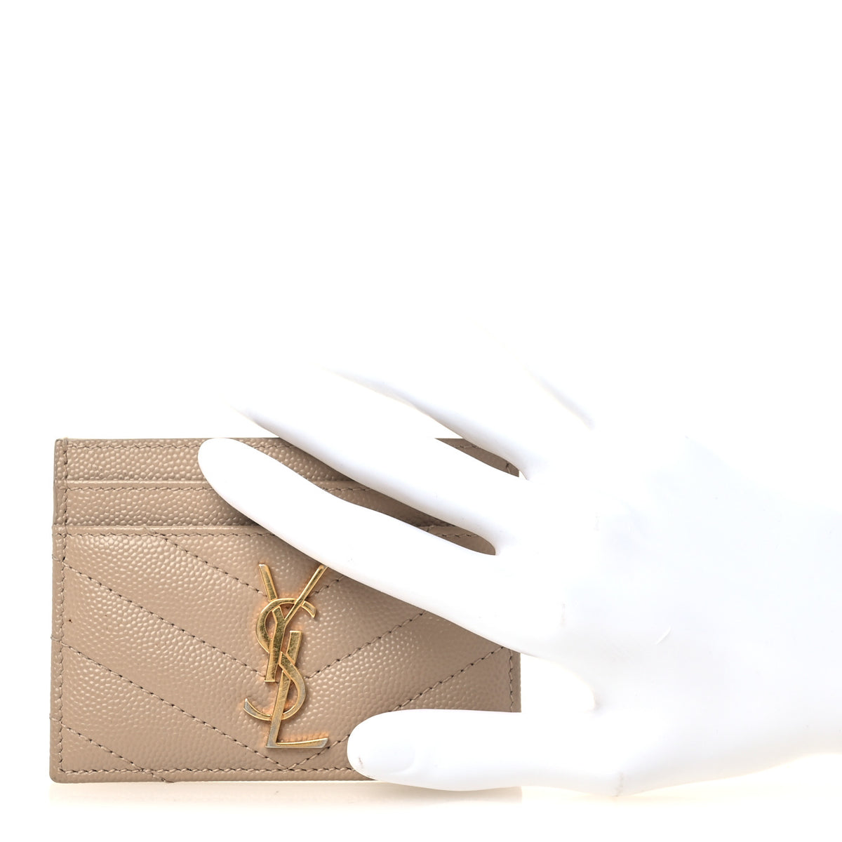 Saint Laurent Grain De Poudre Matelasse Chevron Monogram Credit Card Case Dark Beige 2 of 9