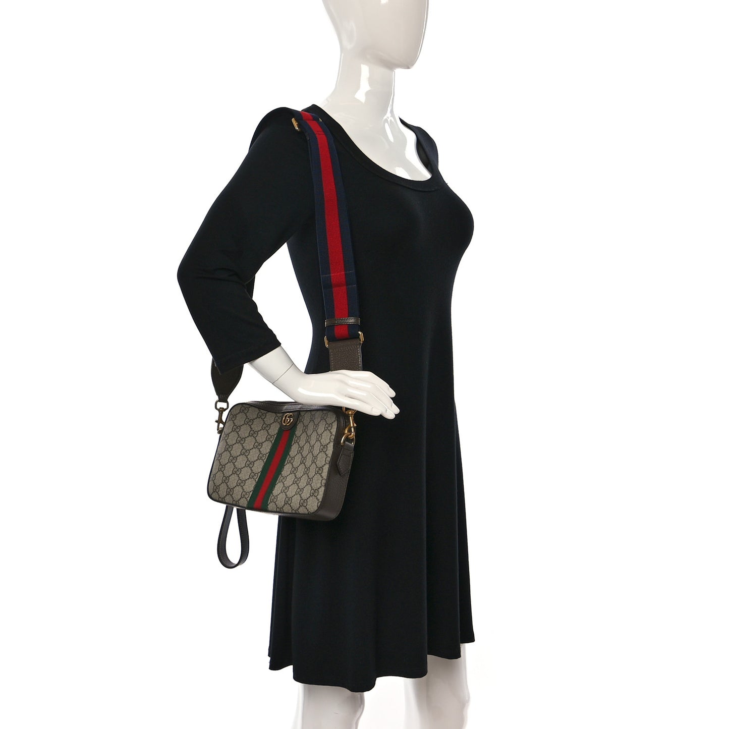 GG Supreme Monogram Textured Dollar Calfskin Web Ophidia Wristlet Shoulder Bag Beige Ebony New Acero