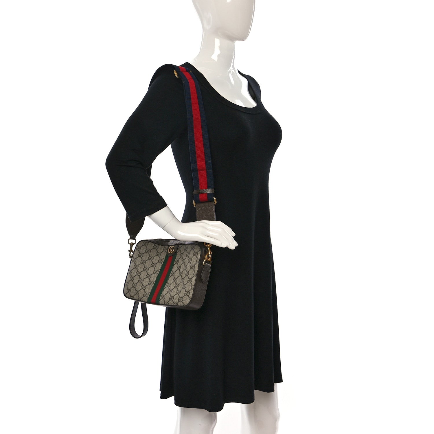 Gucci GG Supreme Monogram Textured Dollar Calfskin Web Ophidia Wristlet Shoulder Bag Beige Ebony New Acero 2 of 12