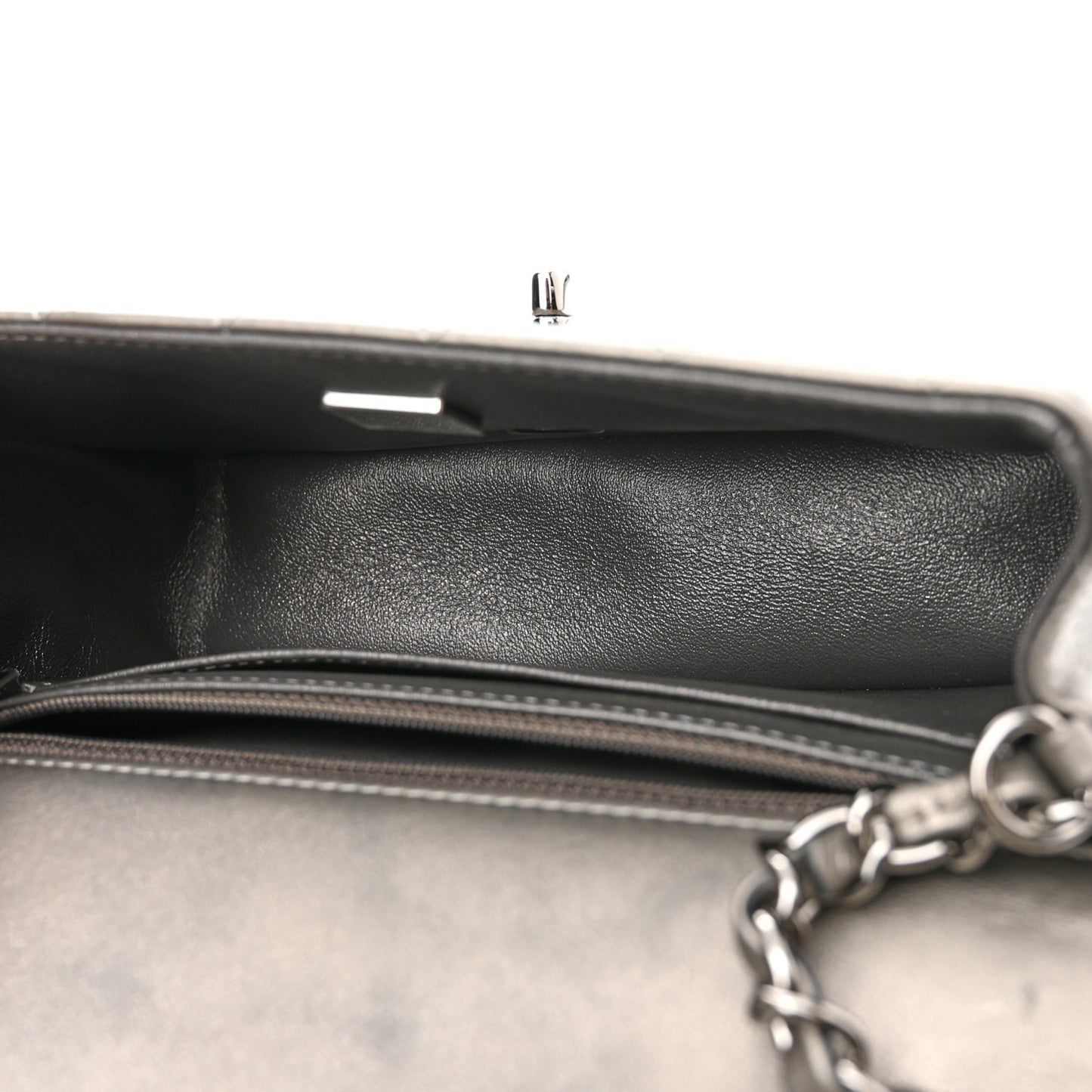 Metallic Lambskin Quilted Mini Rectangular Flap Ruthenium