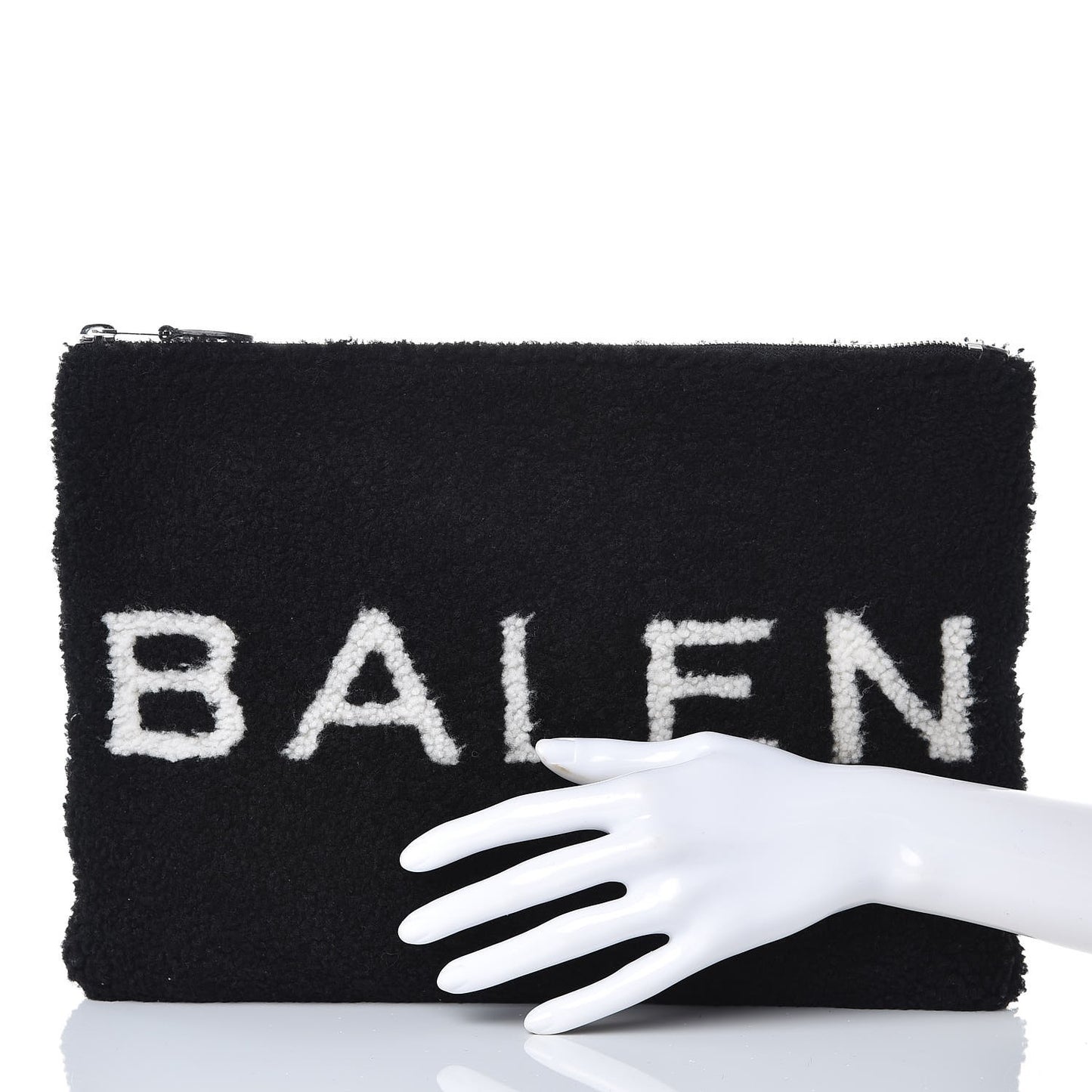 Sheepskin Shearling Contrasted Logo Large Zip Pouch Black