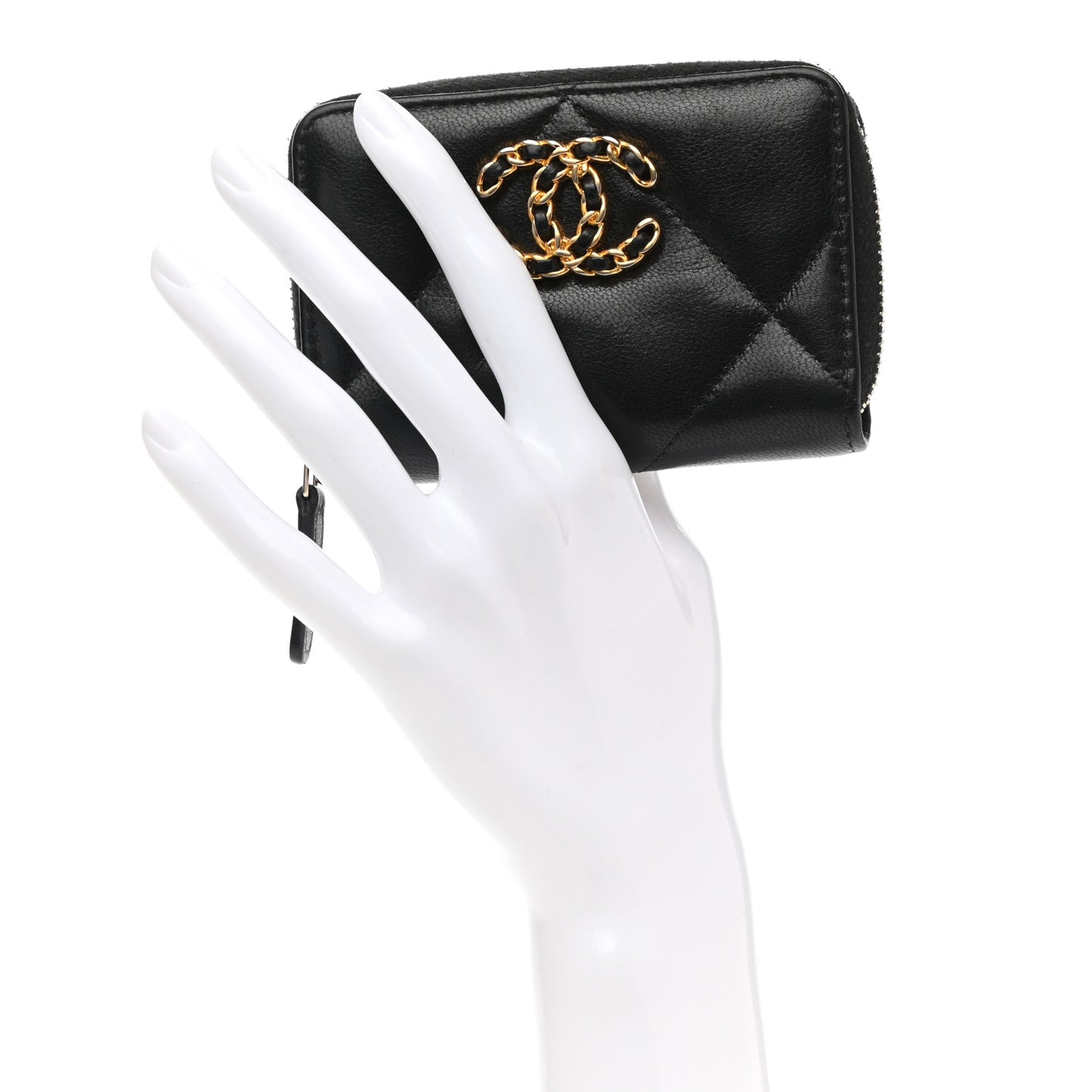 Shiny Goatskin Quilted Chanel 19 Zip Around Coin Purse Wallet Black