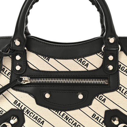 Balenciaga Canvas Satin Calfskin Diagonal Allover Logo Print Classic Silver Hardware Mini City Natural Black 8 of 10