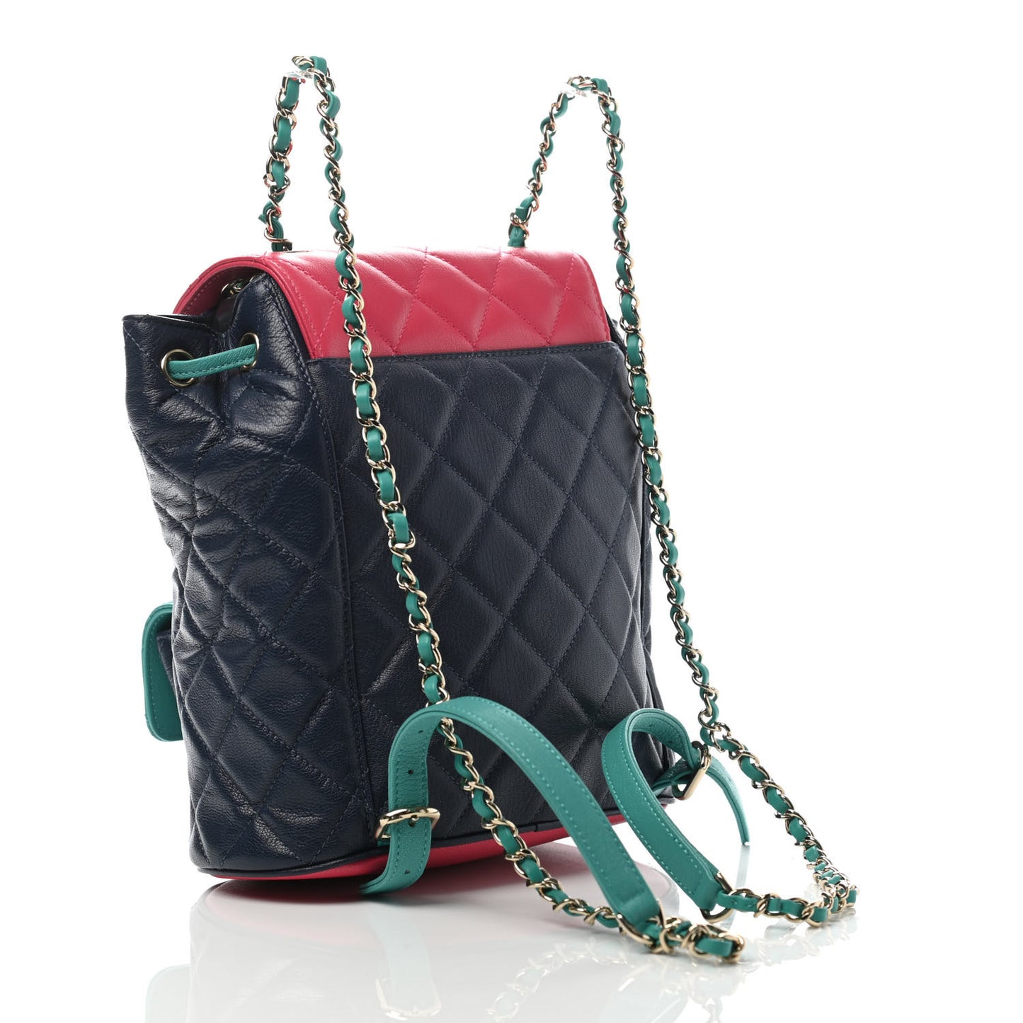 Goatskin Quilted Duma Drawstring Backpack Navy Turquoise Pink