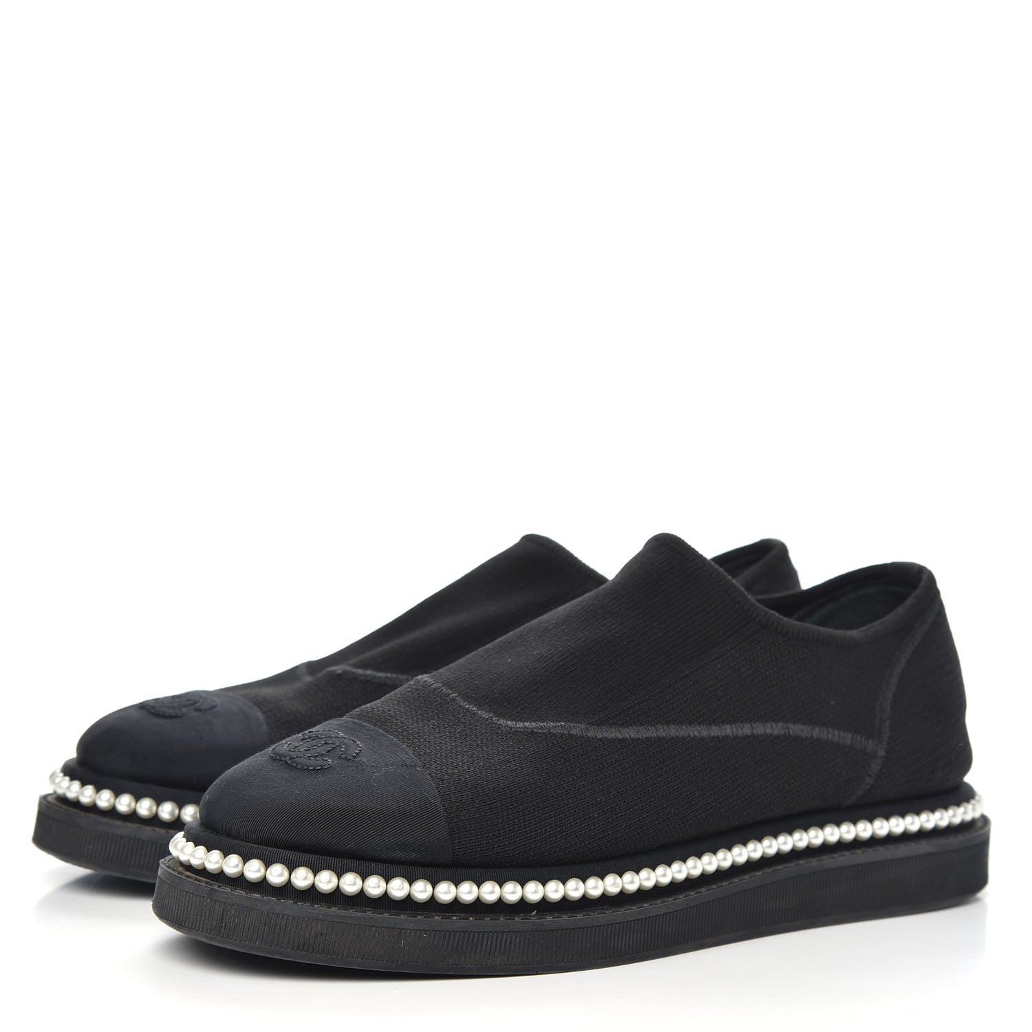 Chanel Stretch Fabric Grosgrain Pearl Cap Toe CC Moccasin Loafers 37.5 Black 3 of 9
