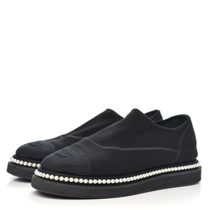 Chanel Stretch Fabric Grosgrain Pearl Cap Toe CC Moccasin Loafers 37.5 Black 3 of 9