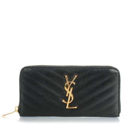 Saint Laurent Grain De Poudre Matelasse Chevron Monogram Zip Around Wallet Black 1 of 7