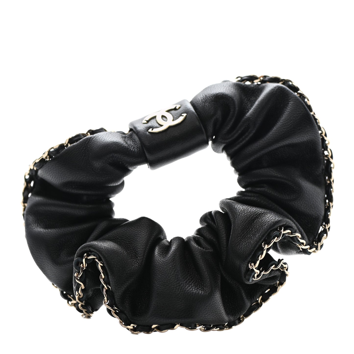 Lambskin Chain CC Hair Scrunchie Black Gold