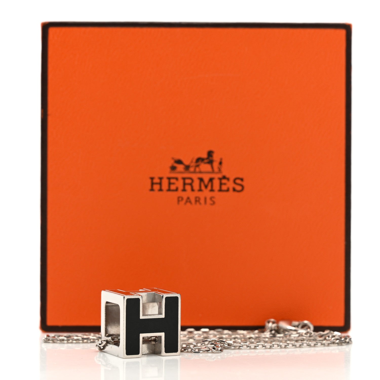 Hermes Lacquered Palladium Cage d'H Pendant Necklace Black 6 of 6