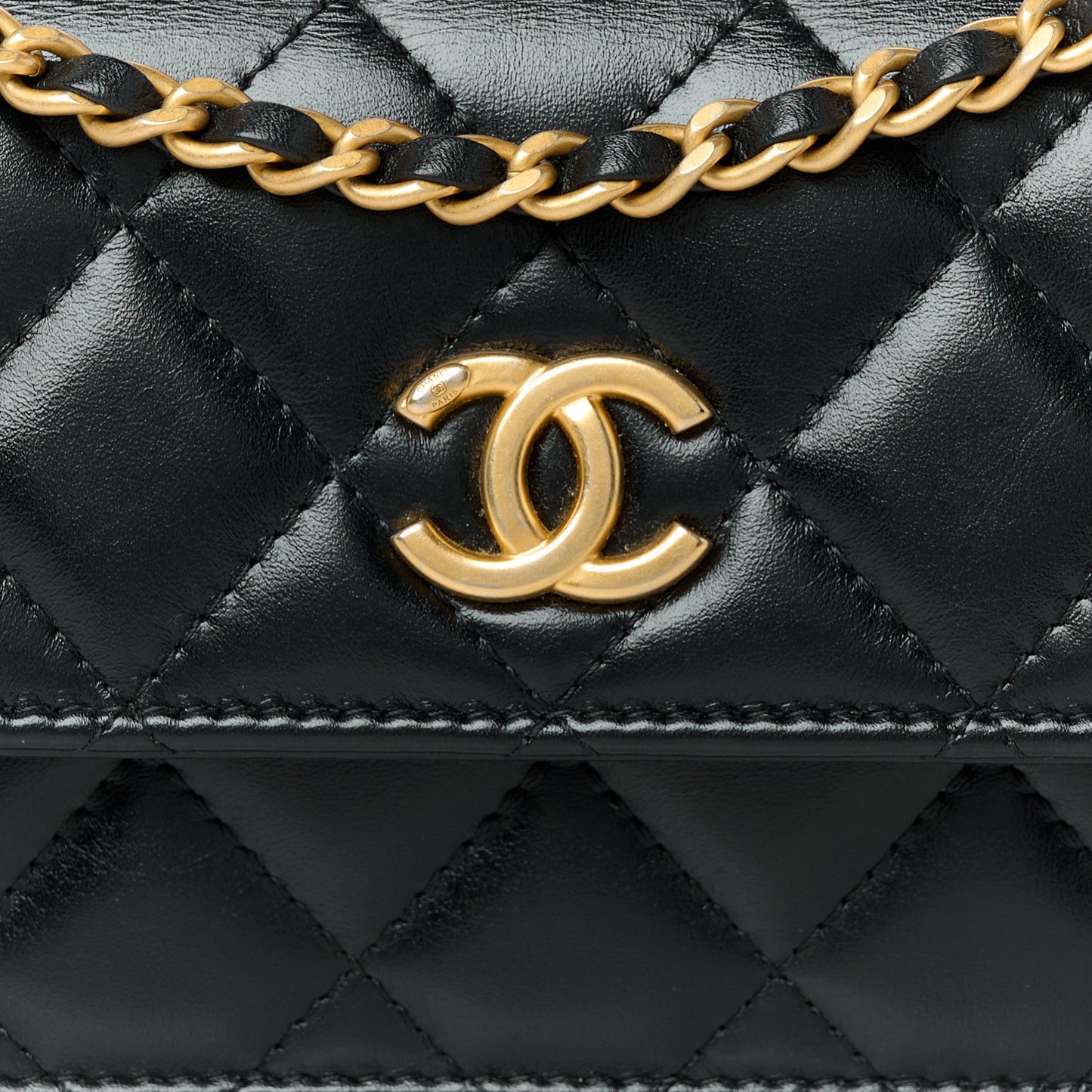Shiny Calfskin Quilted Top Handle Flap Phone Holder With Chain Black