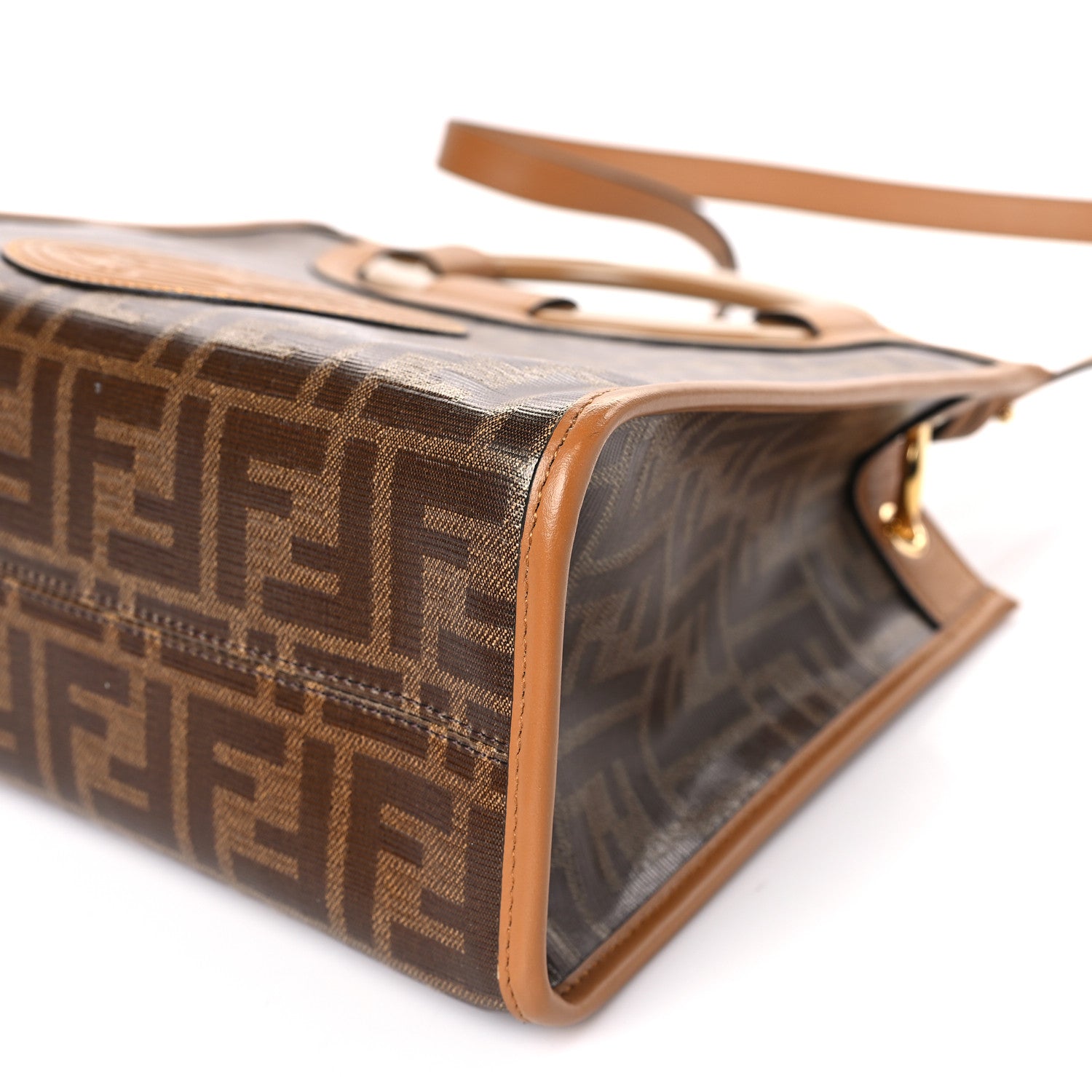 Fendi Glazed Fabric Vitello Century Plexiglass FF 1974 Stamp Patch Small Runaway Shopper Tote Mogano Panna Nocciola 9 of 9