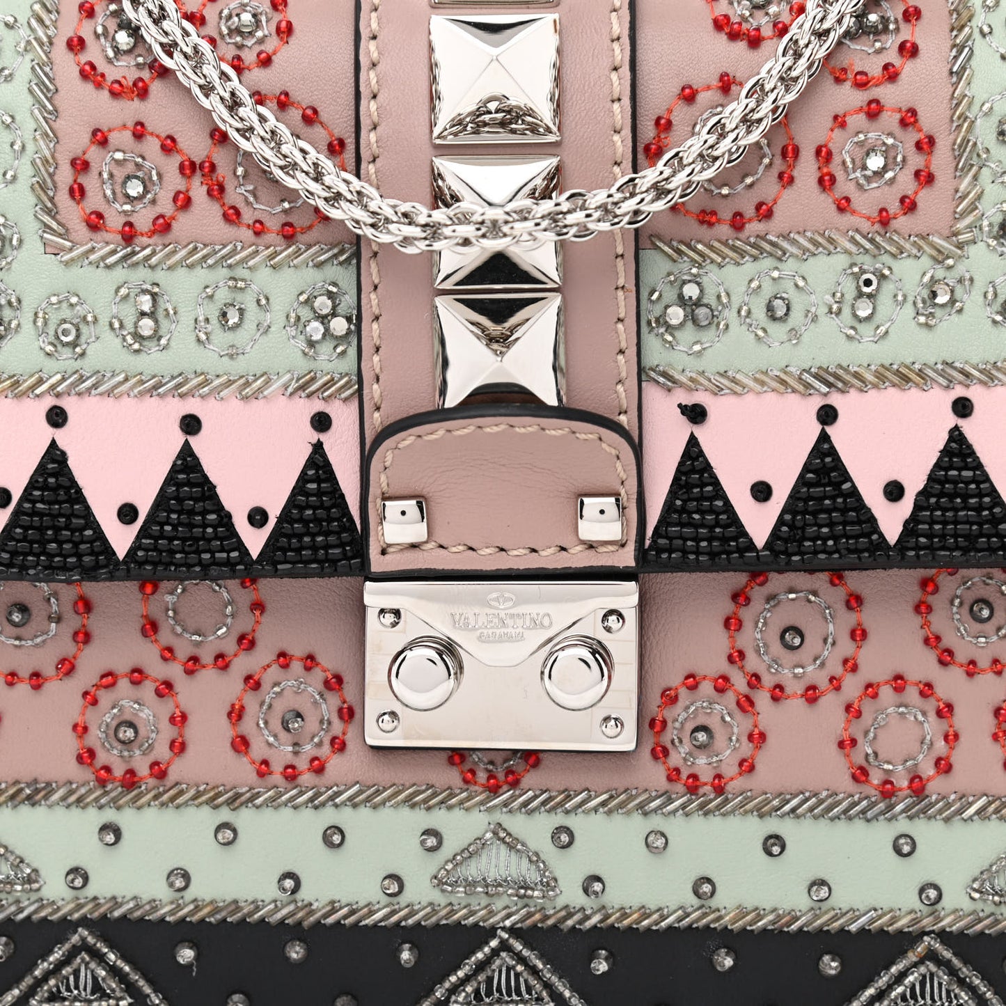 Vitello Beaded Geometric Patch Small Glam Lock Rockstud Flap Multicolor