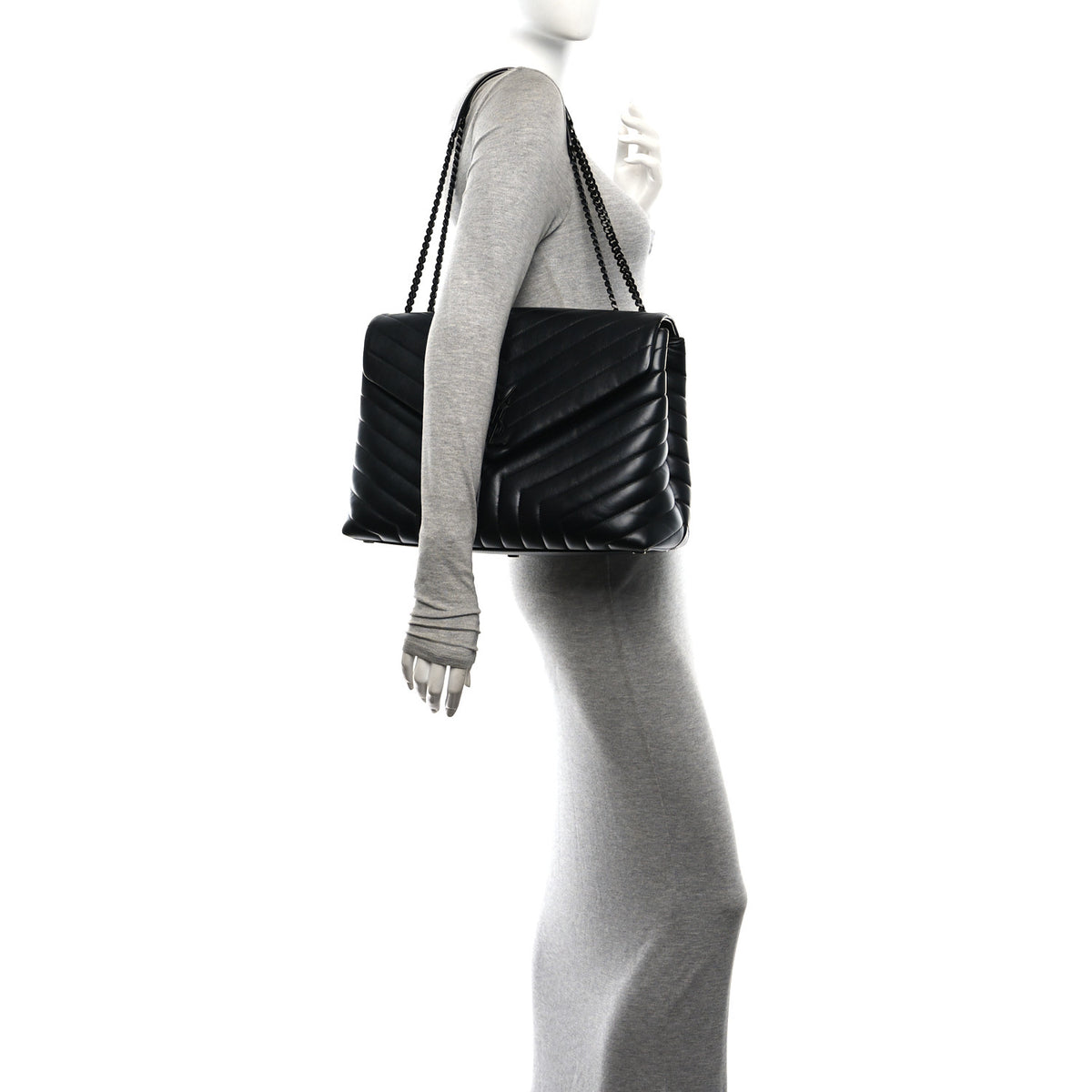 Saint Laurent Calfskin Y Quilted Monogram Monochrome Large Loulou Chain Satchel Black 2 of 11