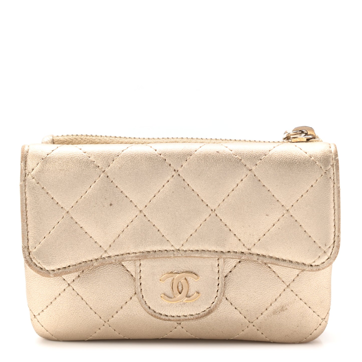 Metallic Lambskin Quilted Flap Card Holder Wallet Gold