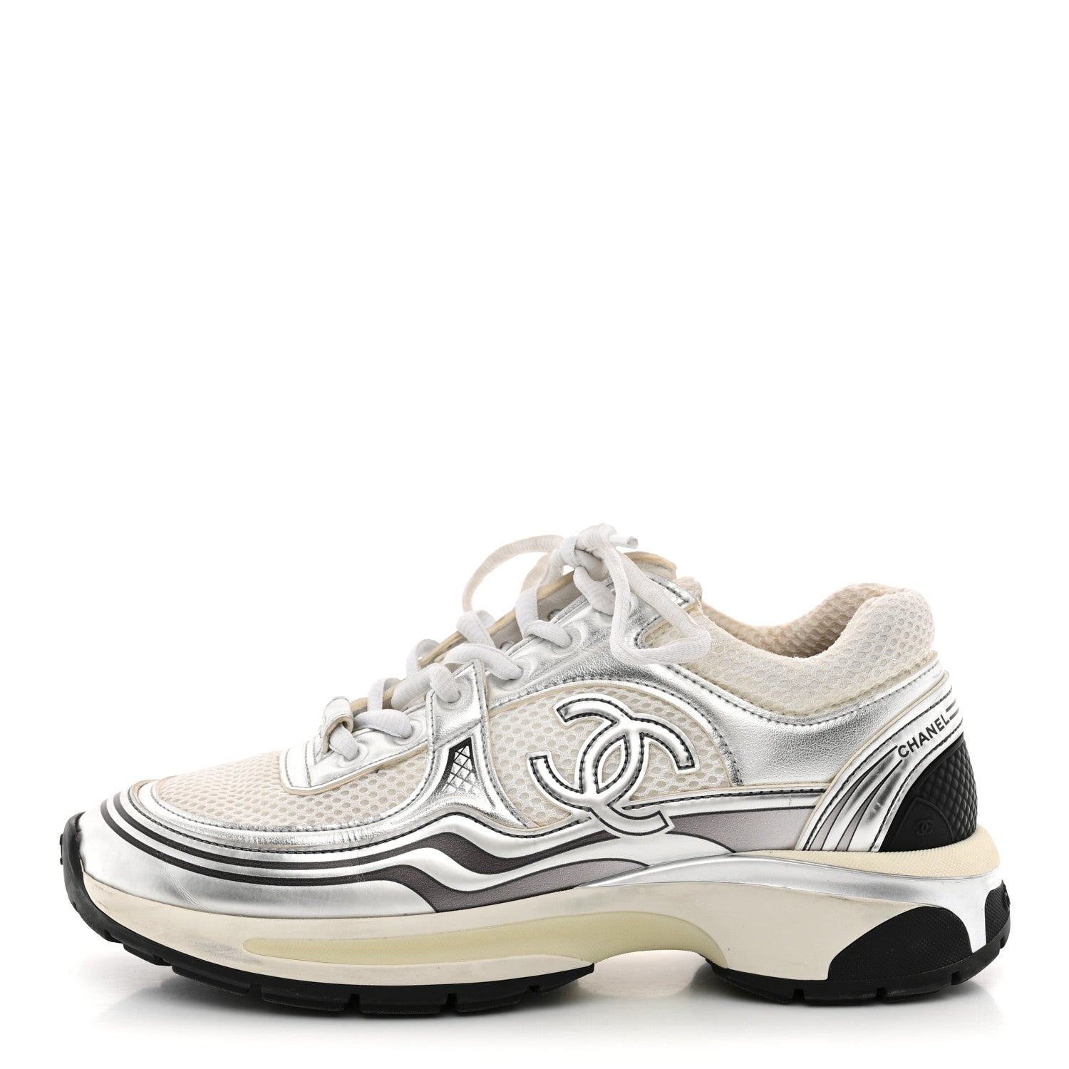 Chanel Fabric Laminated Calfskin Stretch CC Sneakers 36.5 White Silver 1 of 10