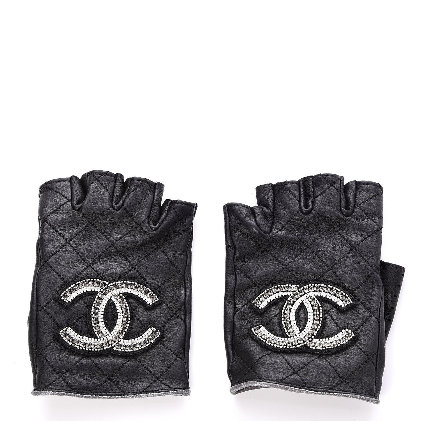 Lambskin Stitched Fingerless CC Embellished Gloves 7 Black