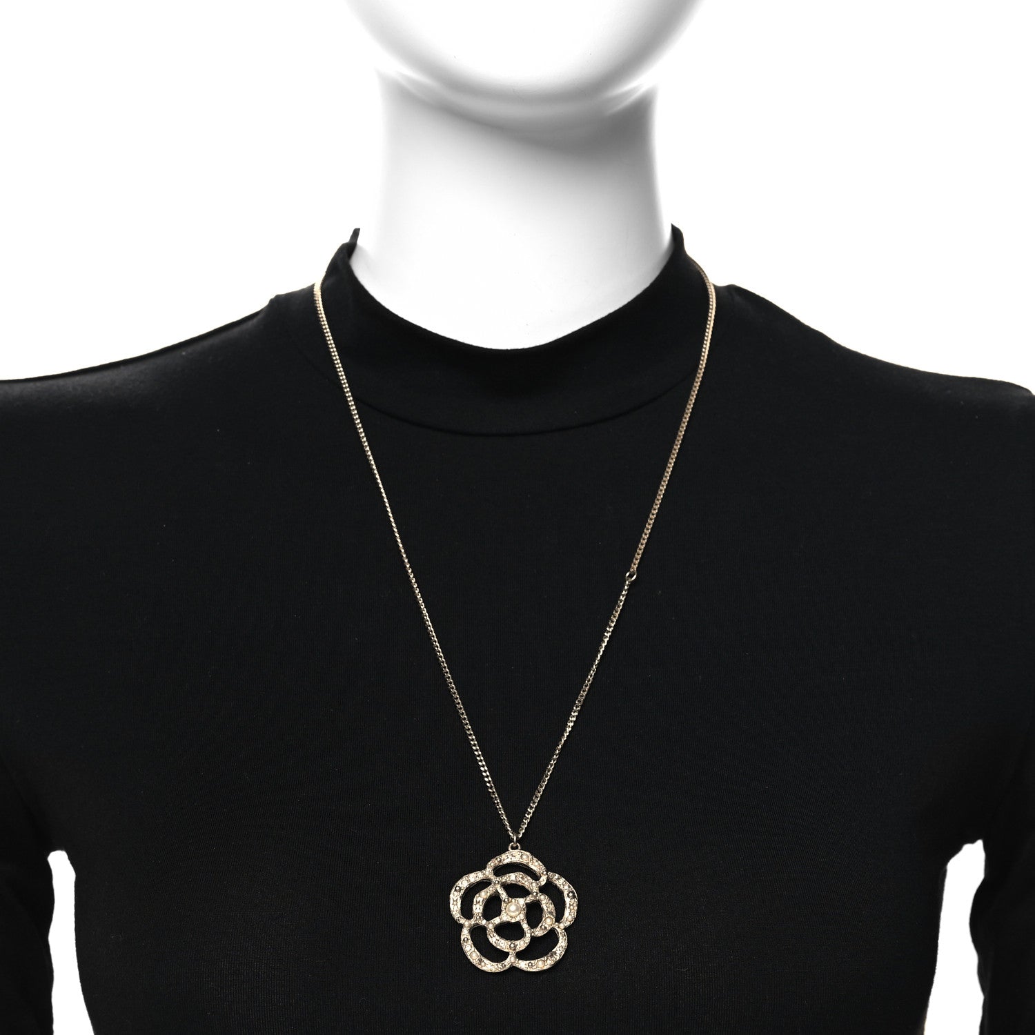 Chanel Pearl Crystal Large Camellia Pendant Necklace Light Gold 2 of 5