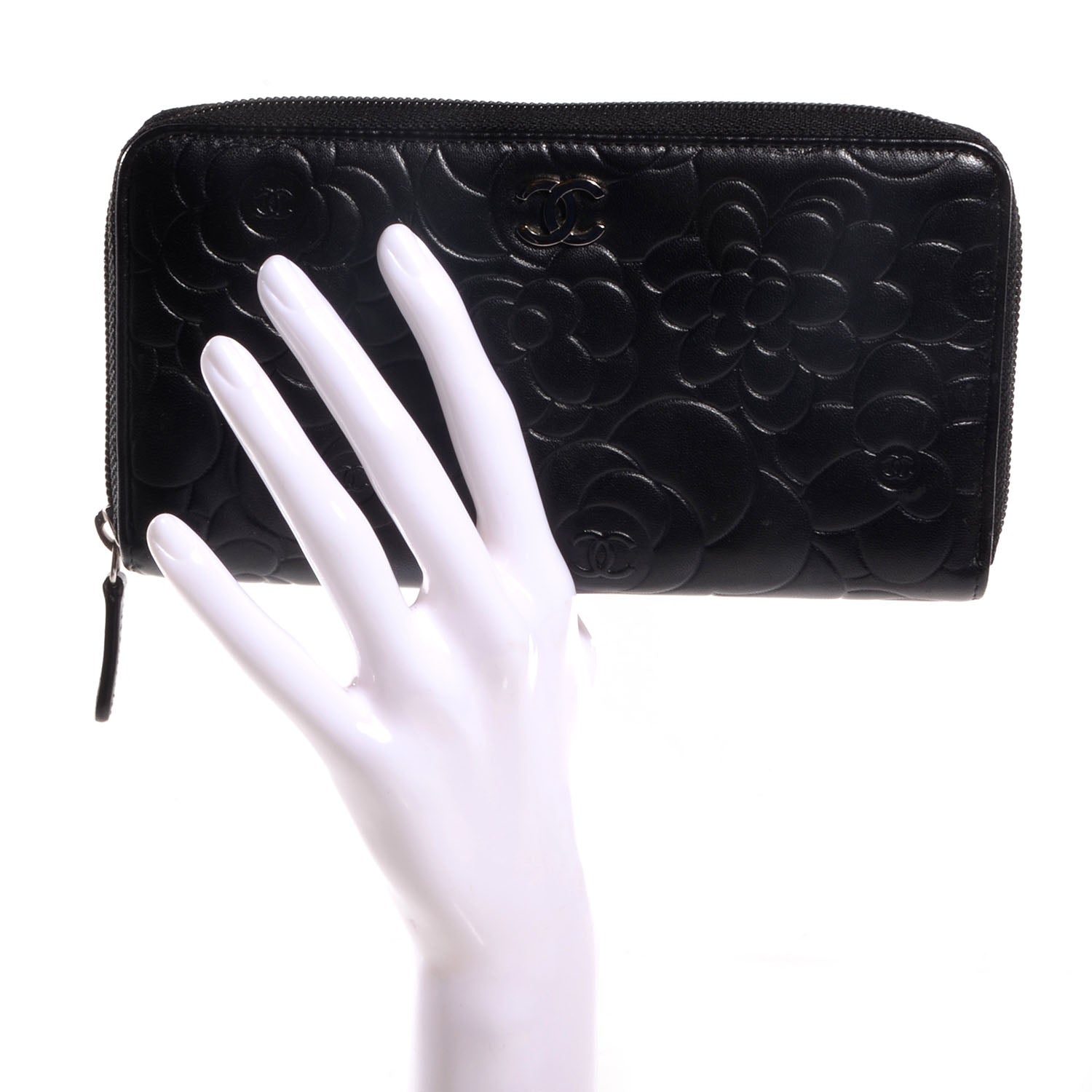 Chanel Lambskin Camellia Embossed Large Zip Around Gusset Wallet Black 2 of 9