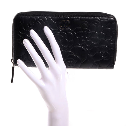 Chanel Lambskin Camellia Embossed Large Zip Around Gusset Wallet Black 2 of 9