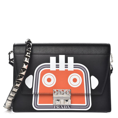 Prada City Calfskin Saffiano Robot Large Elektra Shoulder Bag Black Papaya 1 of 9