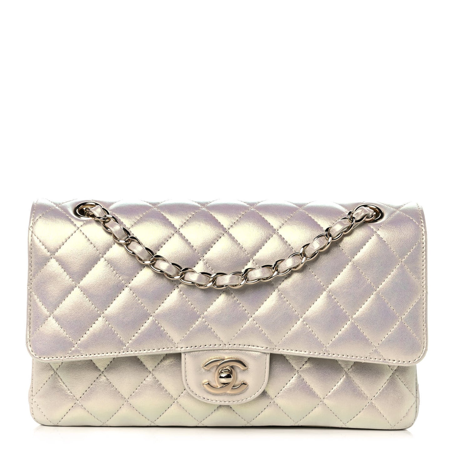 Iridescent Lambskin Quilted Medium Double Flap Ivory