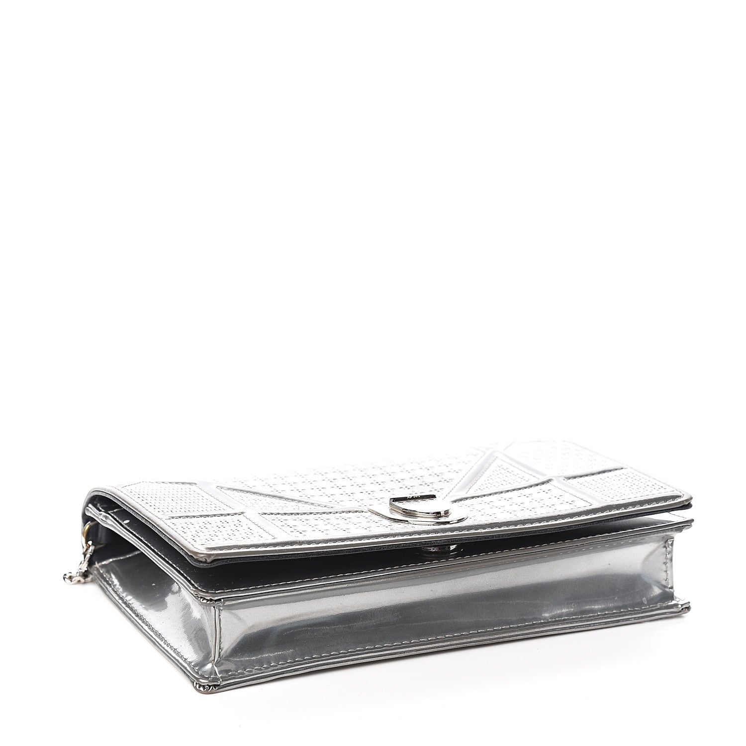 Christian Dior Metallic Patent Micro-Cannage Diorama Wallet on Chain Pouch Silver 3 of 10