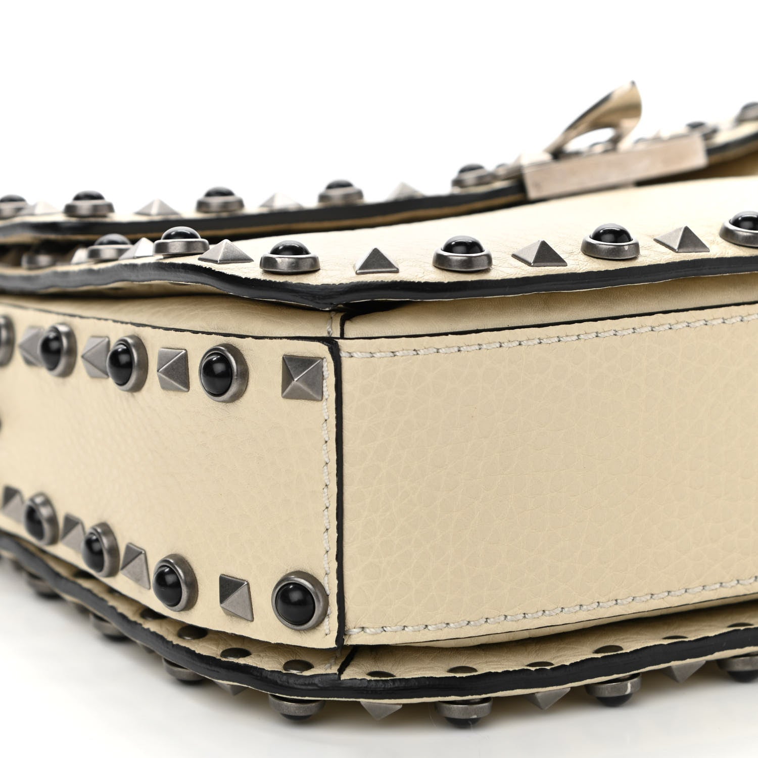 Valentino Garavani Pebbled Calfskin Onyx Medium Guitar Strap Rockstud Rolling Flap Saddle Bag Ivory 9 of 14