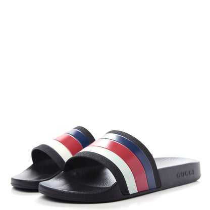 Gucci Rubber Web Mens Pool Slide Sandals 5 Black Mystic White Hibiscus Red Marine 3 of 10