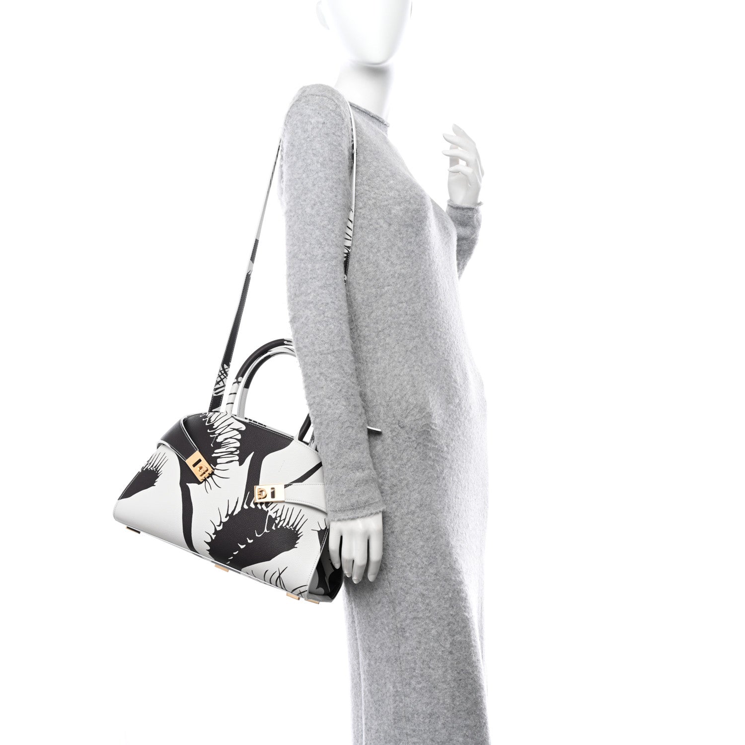 Salvatore Ferragamo Natural Grain Calfskin Venus Print Small Hug Bag Optic White Testa Di Moro 2 of 9