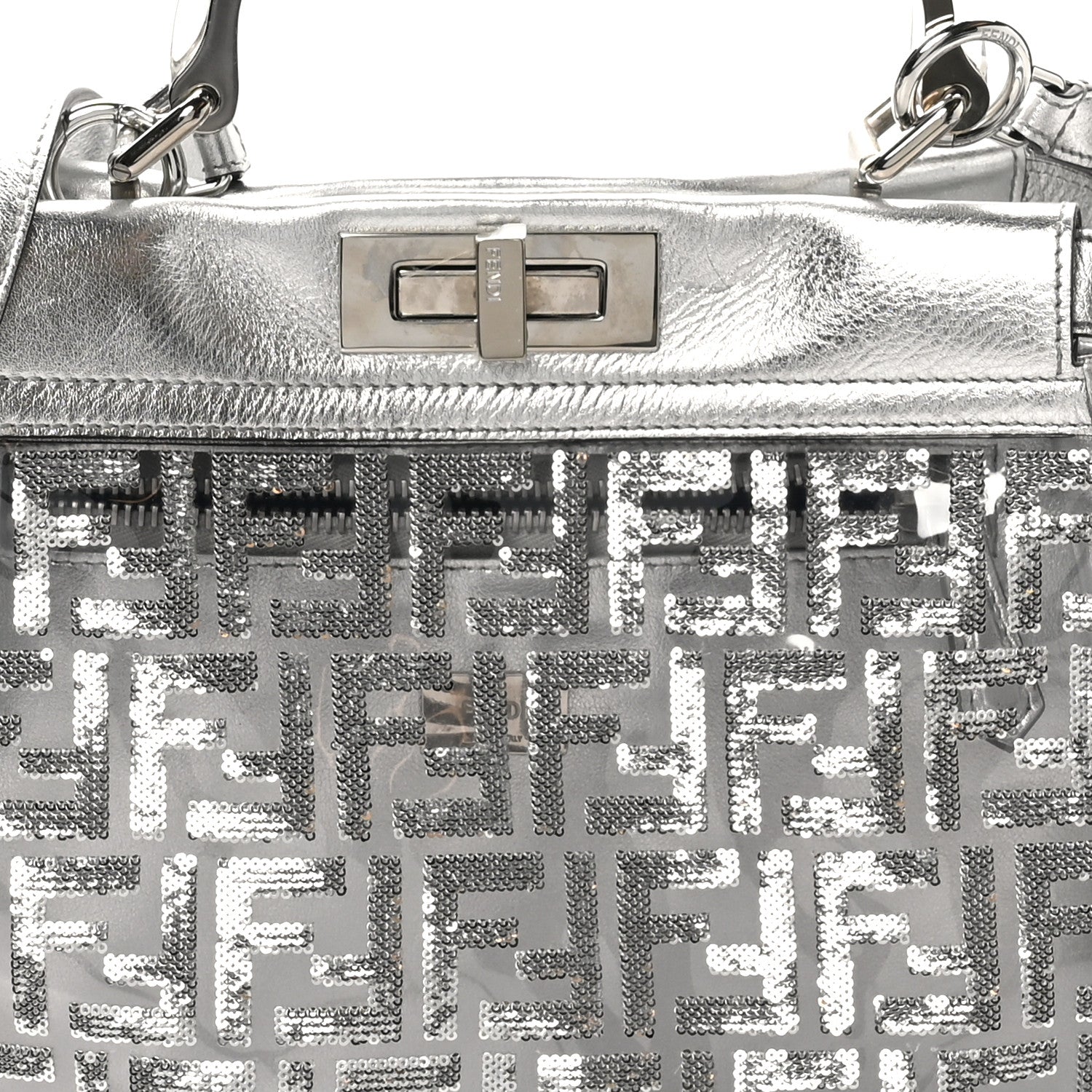 Fendi PVC Vitello Catalan Mirror Sequin FF Medium Peekaboo Iconic Satchel Argento 6 of 8