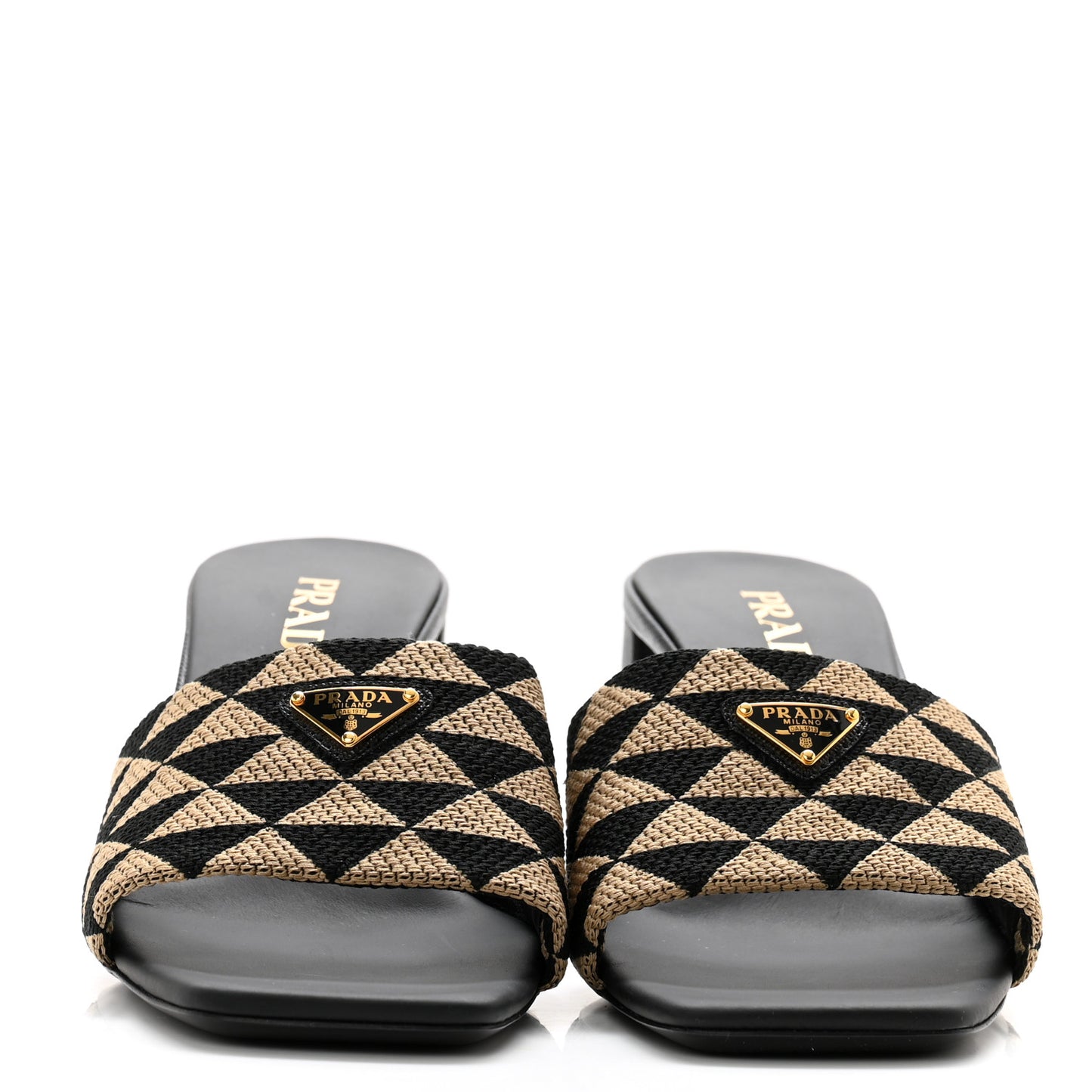 Jacquard Trianglolo Symbole Embroidered Metal Triangle Logo 65mm Block Heel Slide Sandals 39 Black Beige