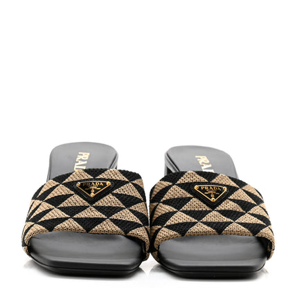 Prada Jacquard Trianglolo Symbole Embroidered Metal Triangle Logo 65mm Block Heel Slide Sandals 39 Black Beige 2 of 8