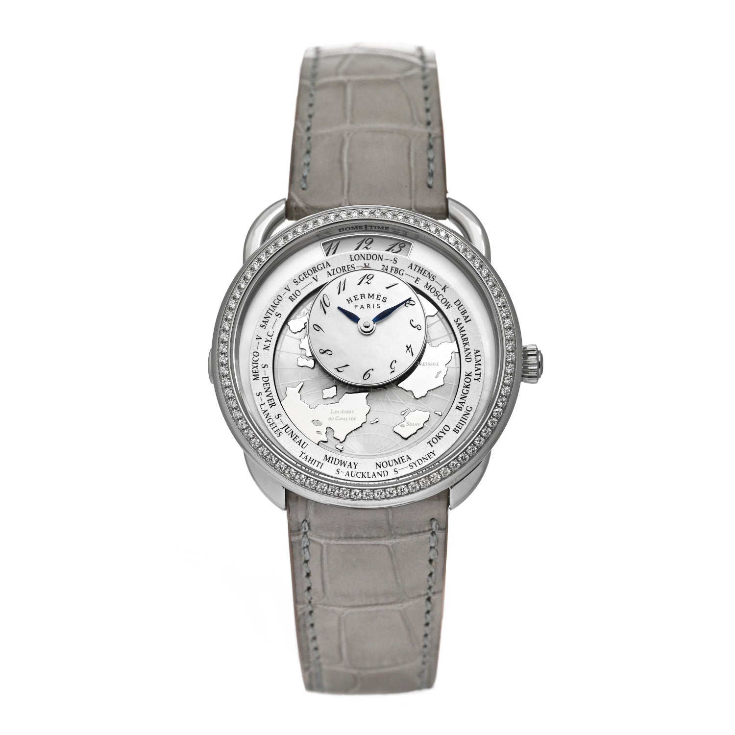 Hermes Stainless Steel Alligator Diamond Bezel Mother of Pearl 38mm Arceau Le Temps Voyageur Automatic Watch Gris Perle 1 of 5