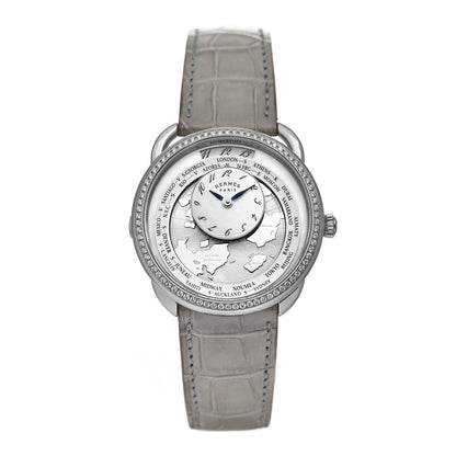 Hermes Stainless Steel Alligator Diamond Bezel Mother of Pearl 38mm Arceau Le Temps Voyageur Automatic Watch Gris Perle 1 of 5