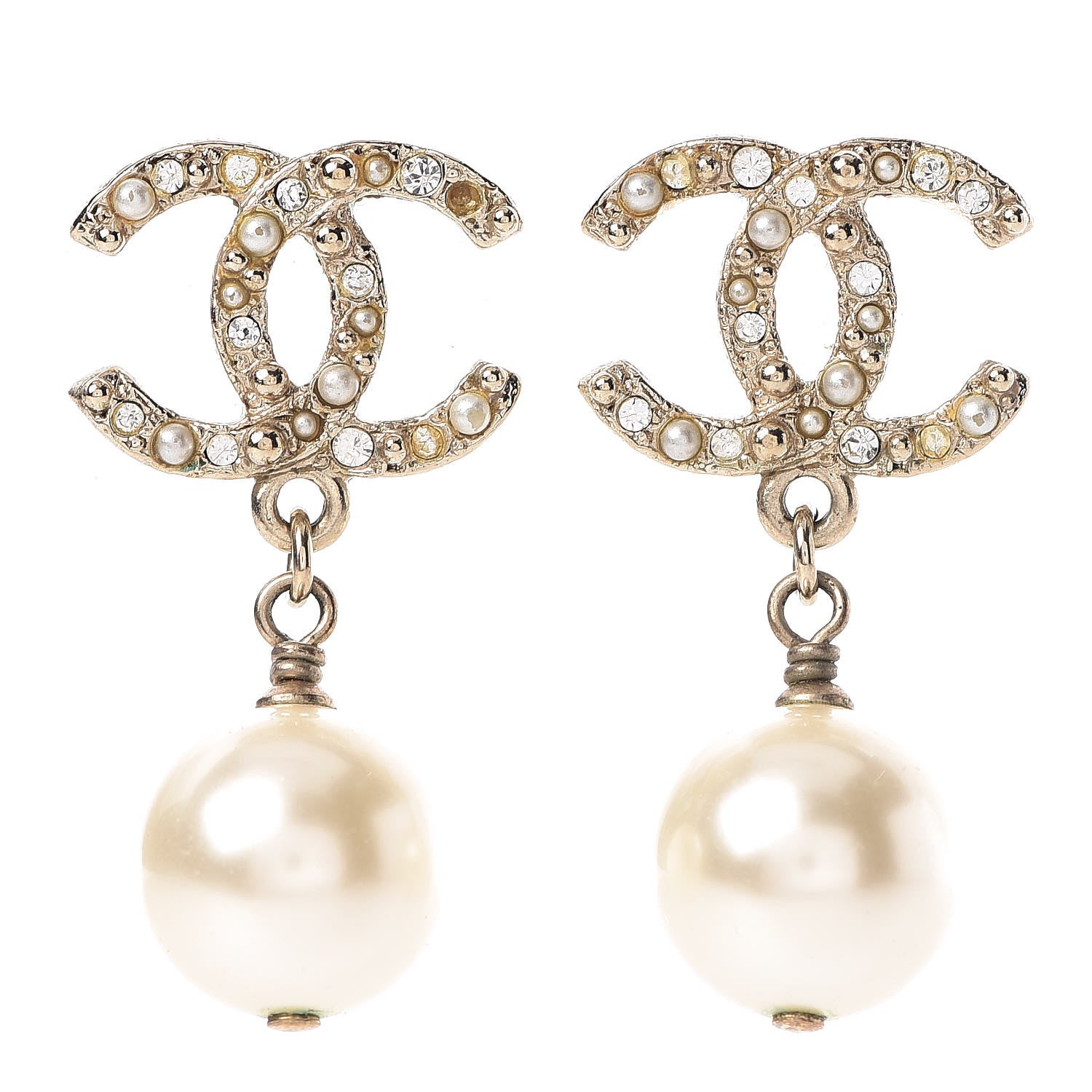 Chanel Pearl Crystal CC Drop Earrings Gold 1 of 6