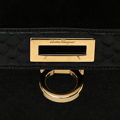 Salvatore Ferragamo Calfskin Suede Snakeskin Small Sofia Satchel Black Burgundy 14 of 22